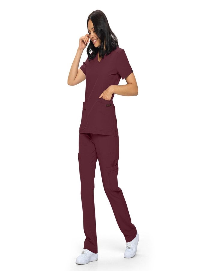 MONARCH UNIFORMS طقم ملابس طبية من مونارك يونيفورمز، متوفر بمقاسات عادية وصغيرة، مصنوع من قماش مطاطي للنساء، يتكون من بلوزة وبنطال طبيين - (لون عنابي) - مقاس كبير - Image 4